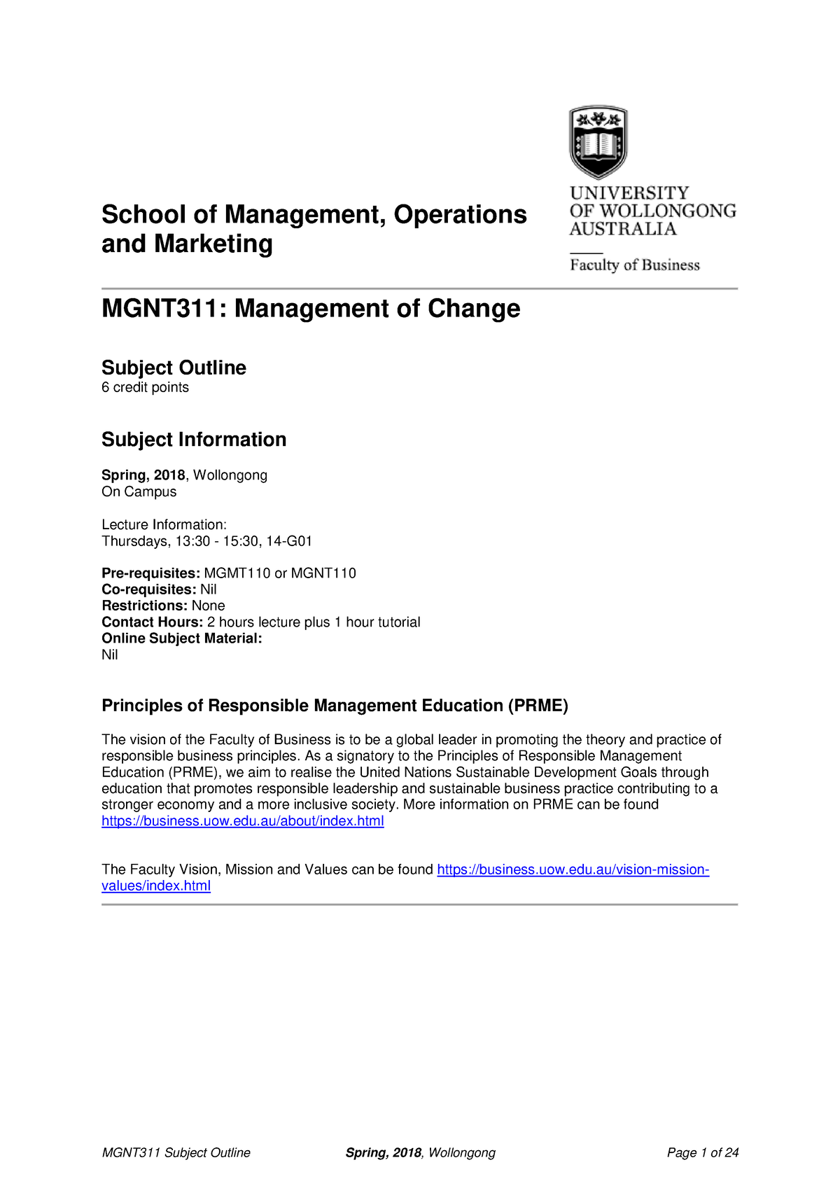 MGMT311 Management Of Change- Spring 2018 Wollongong Subject Outline ...