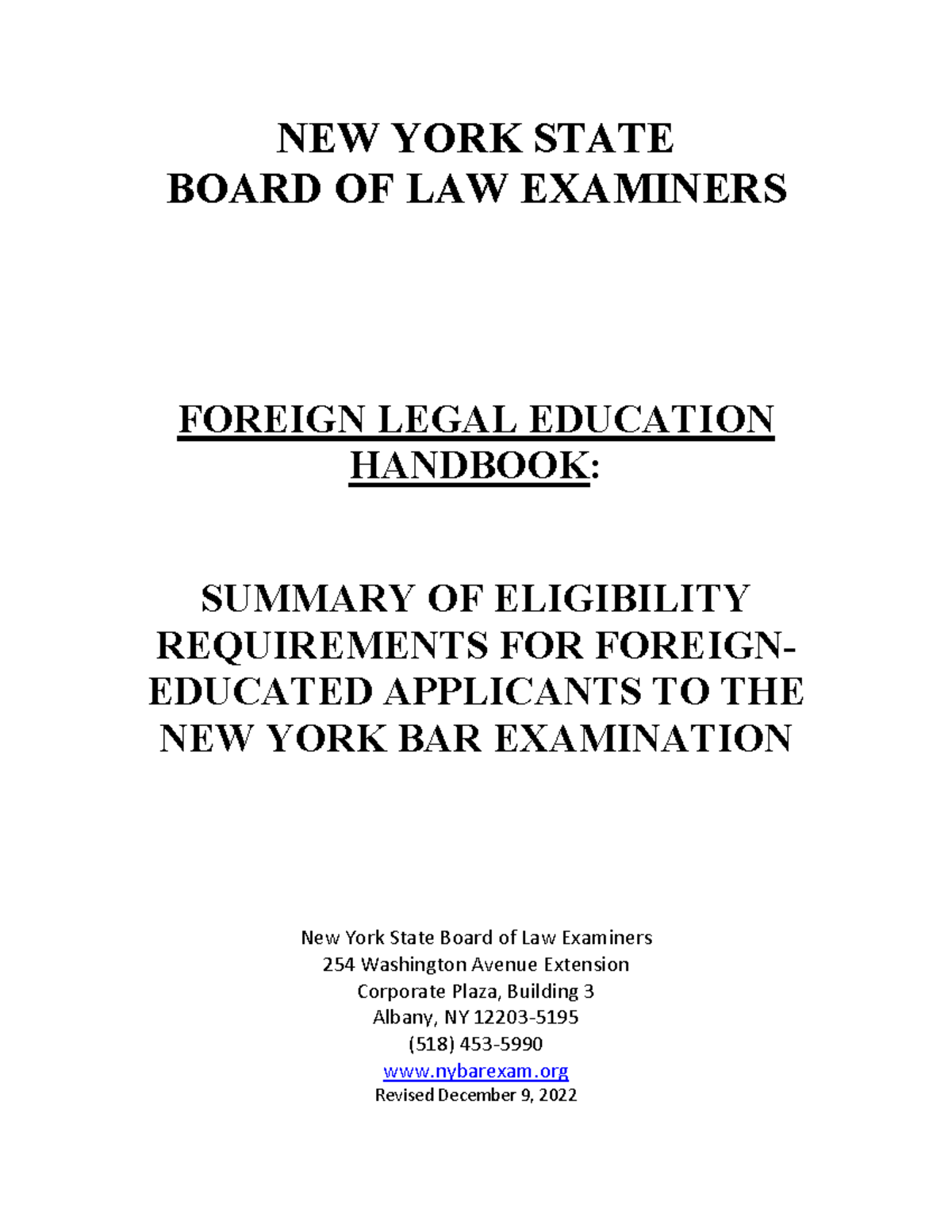 NY Bar Exam Foreign Legal Education Handbook 12 9 22 NEW YORK STATE