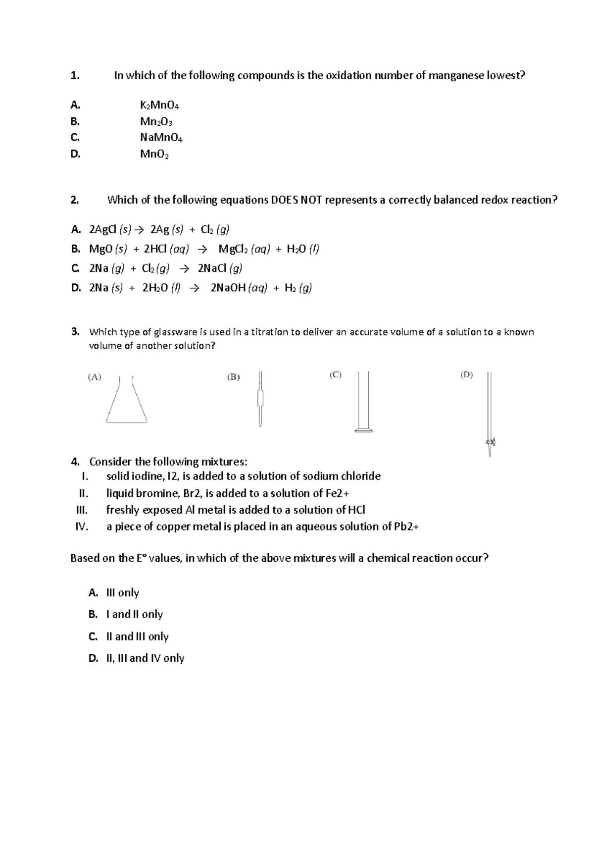 Chem 2 Mock Test 3 - Narrabundah College - In which of the following ...