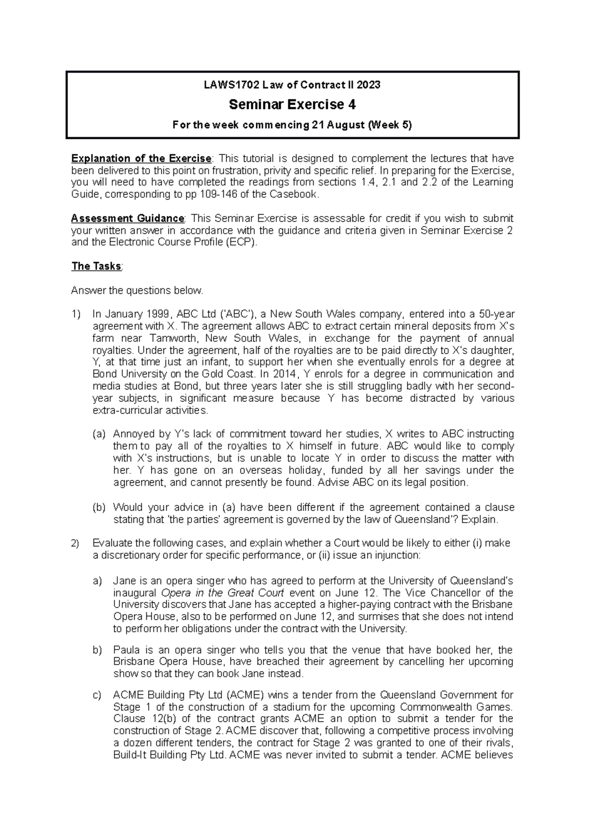 Seminar Exercise 4 - LAWS1702 Law of Contract II 2023 Seminar Exercise ...