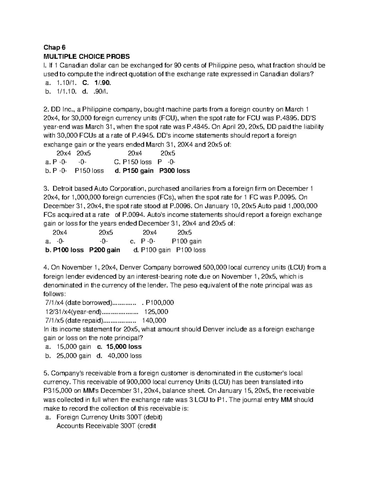 Acafa - Lecture Notes - Chap 6 MULTIPLE CHOICE PROBS l. If 1 Canadian ...