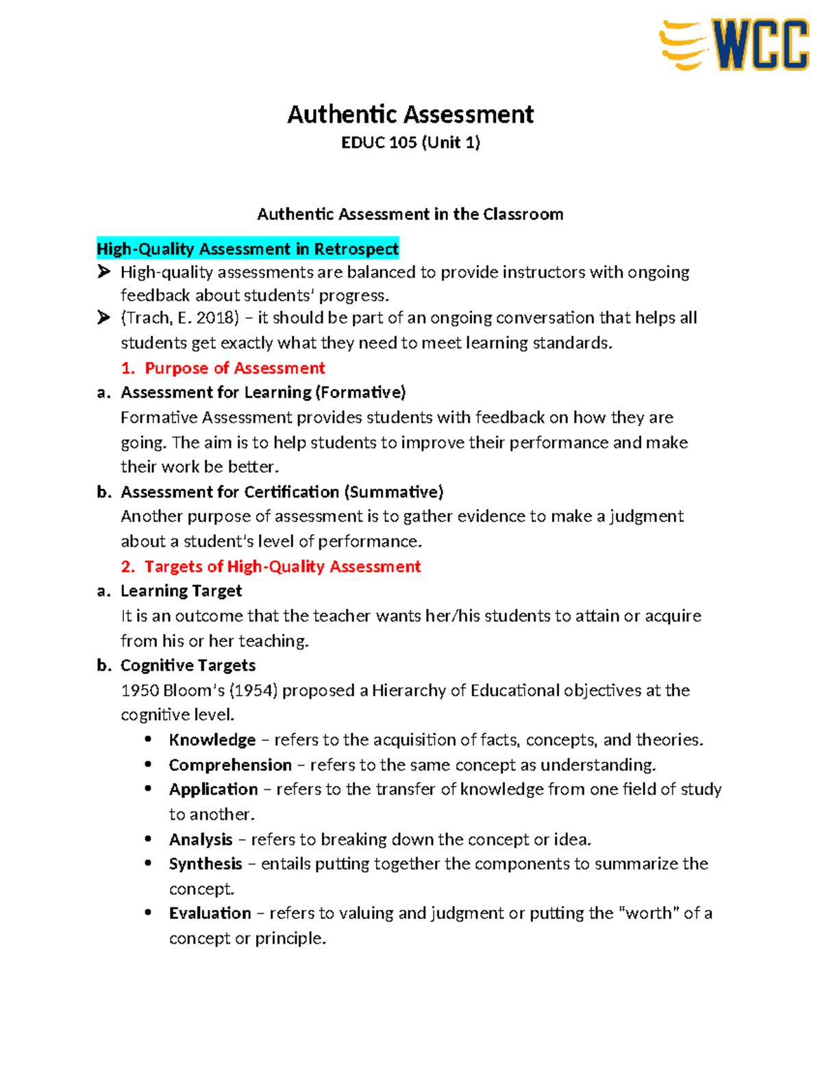 Authentic Assessment Handout (Group 1) - Authentic Assessment EDUC 105 ...