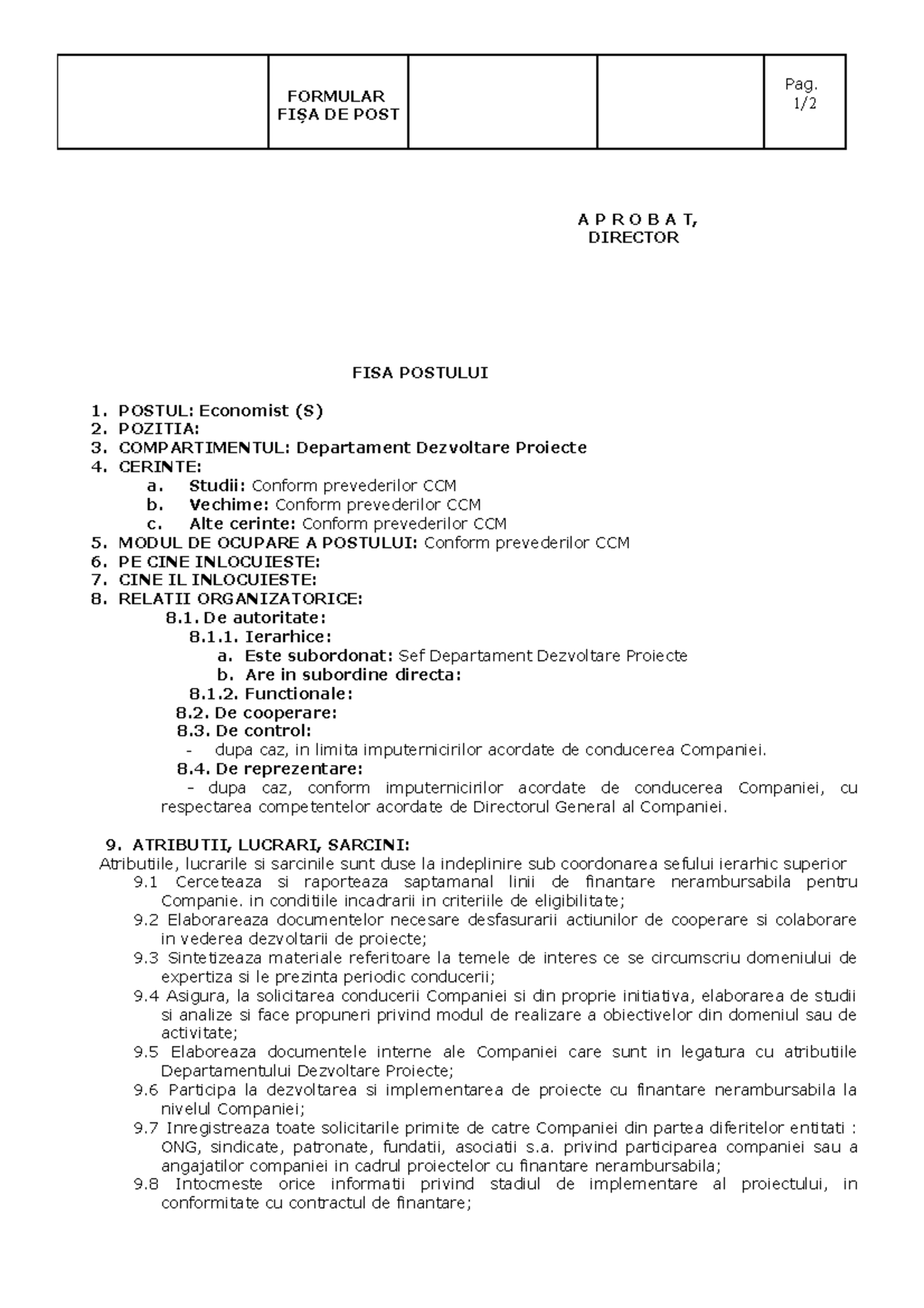 Fisa Post Economist Dezvoltare Proiecte FORMULAR FI A DE POST Pag 