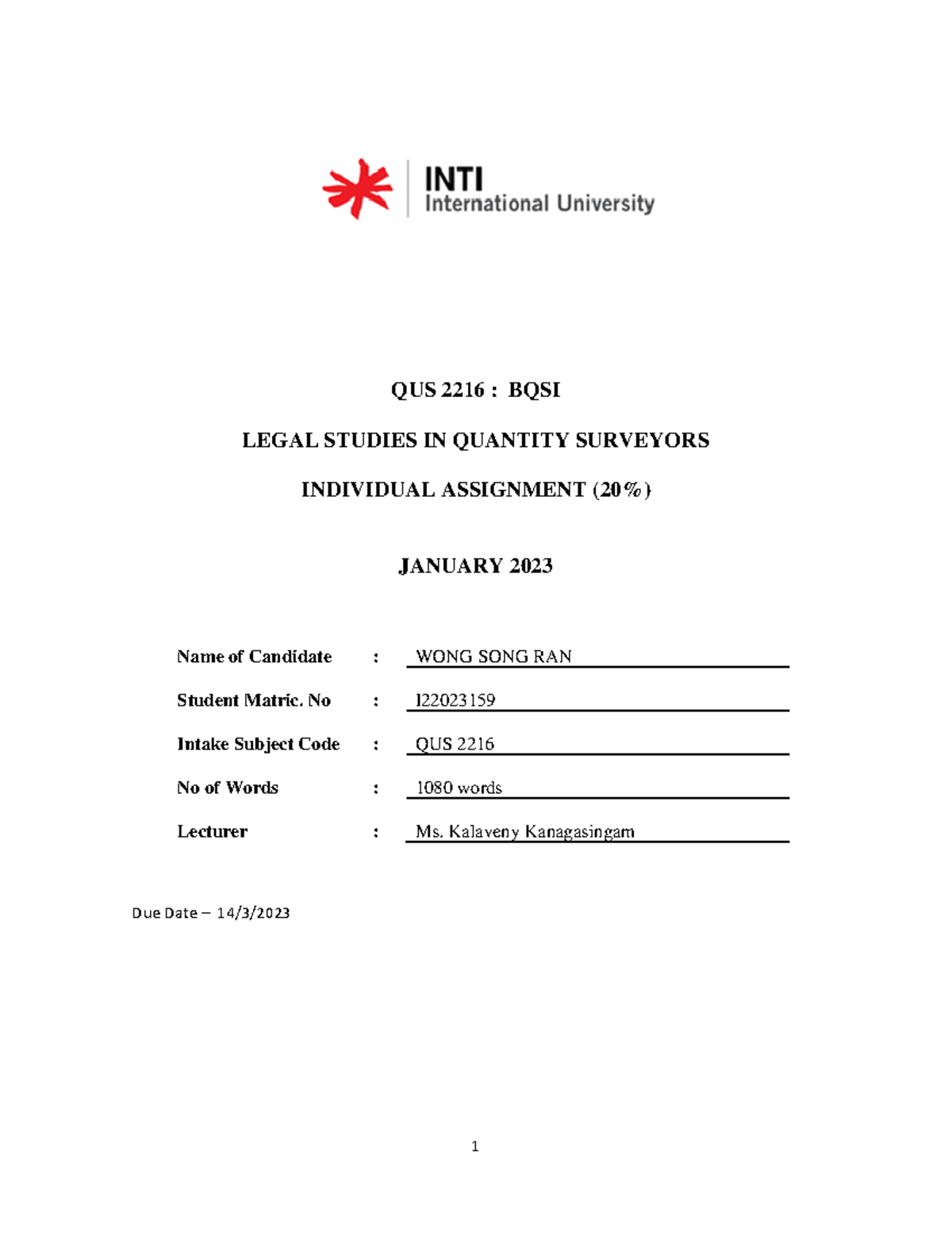 QUS 2216 Individual Assignment - QUS 2216 : BQSI LEGAL STUDIES IN ...