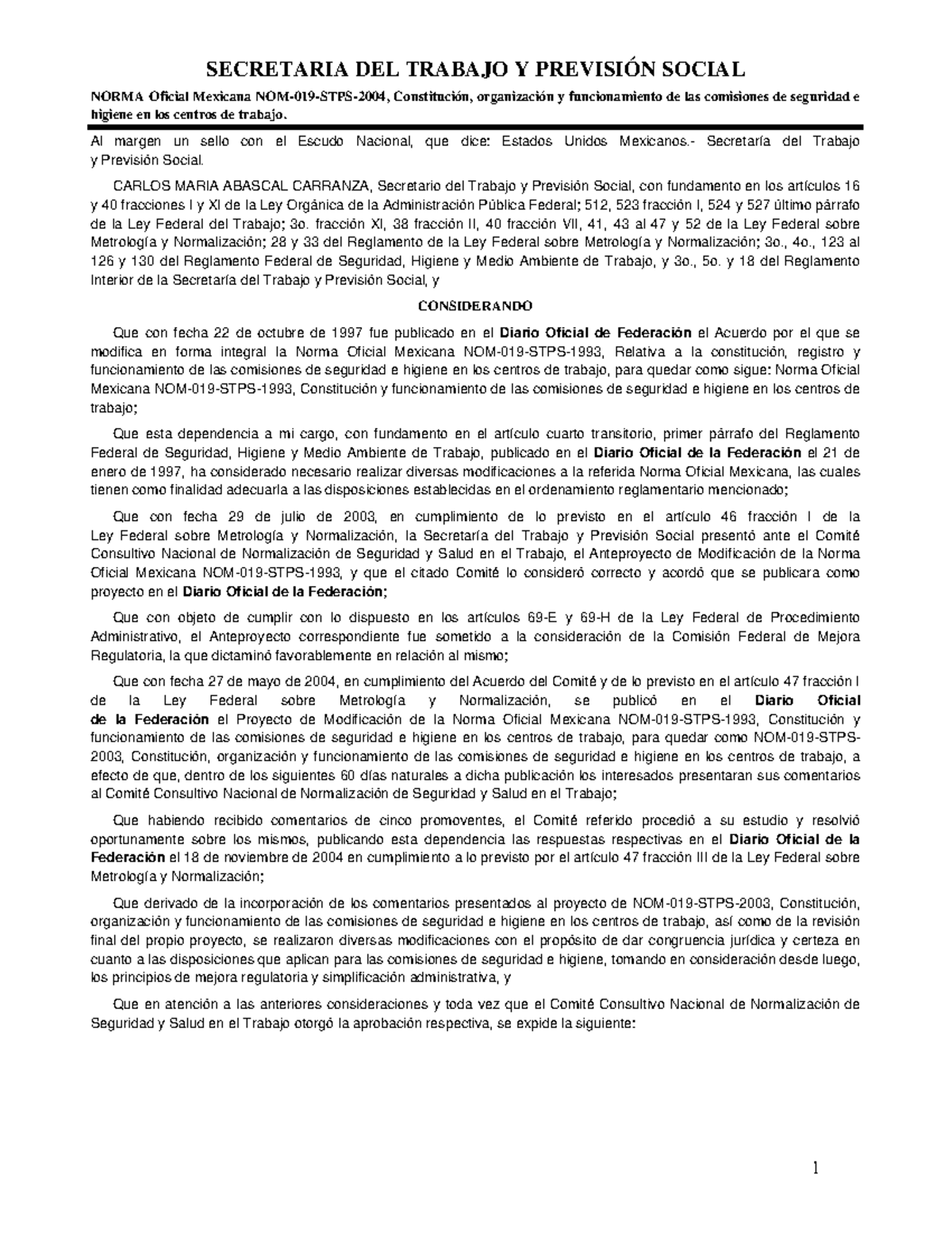NOM 019 STPS 2004 - Norma Oficial Méxicana 019 - SECRETARIA DEL TRABAJO ...