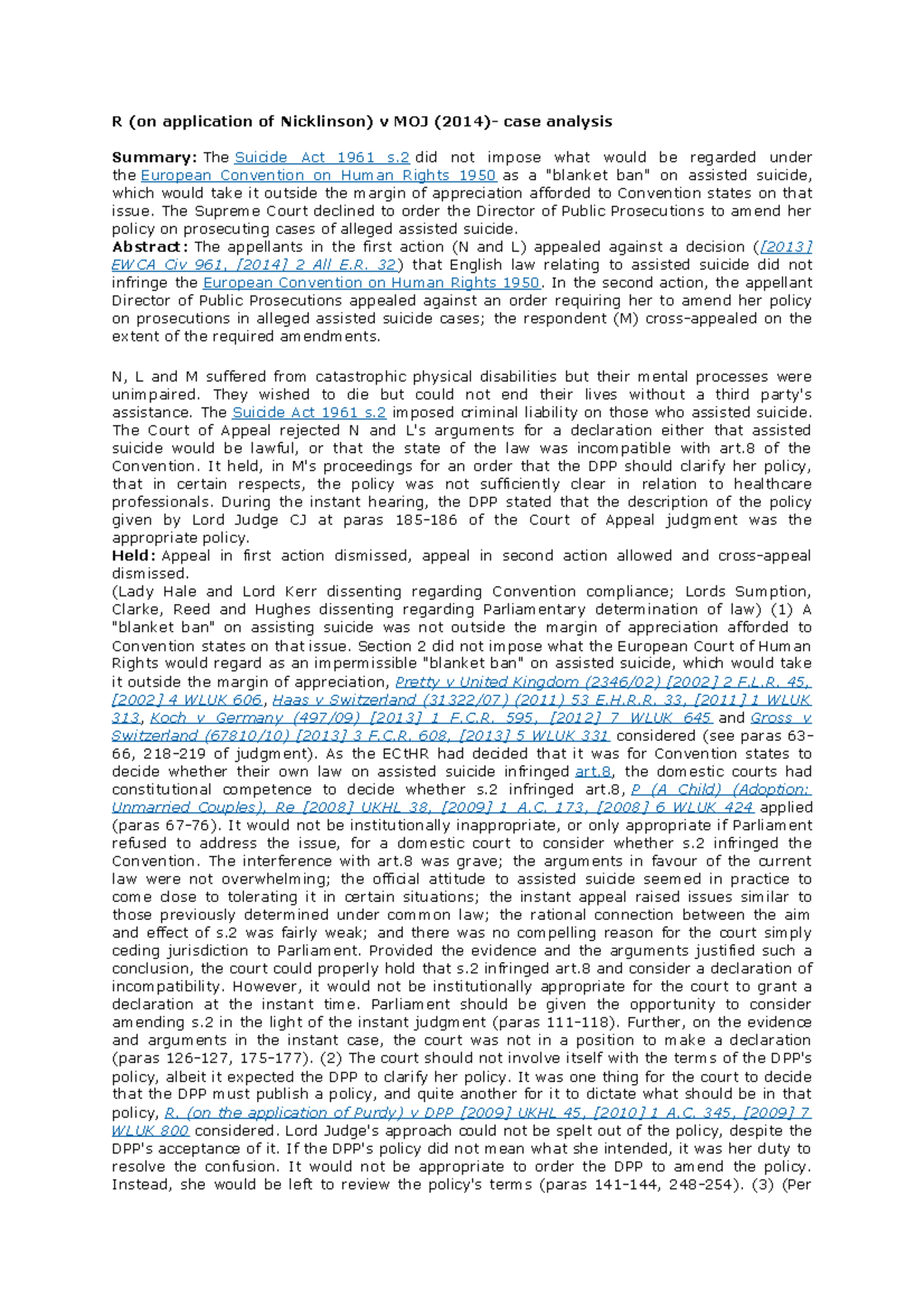 Case Analysis Of Nicklinson - R (on Application Of Nicklinson) V MOJ ...