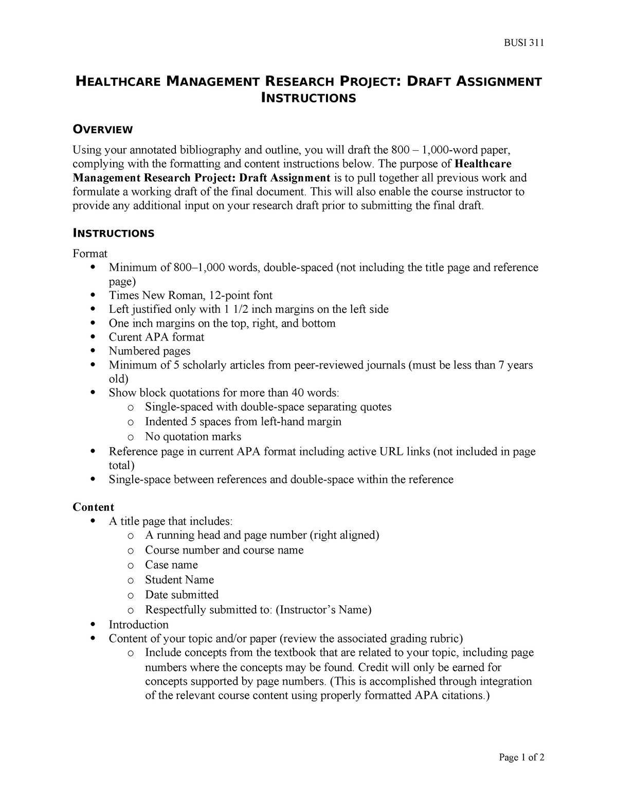 healthcare management research project outline assignment