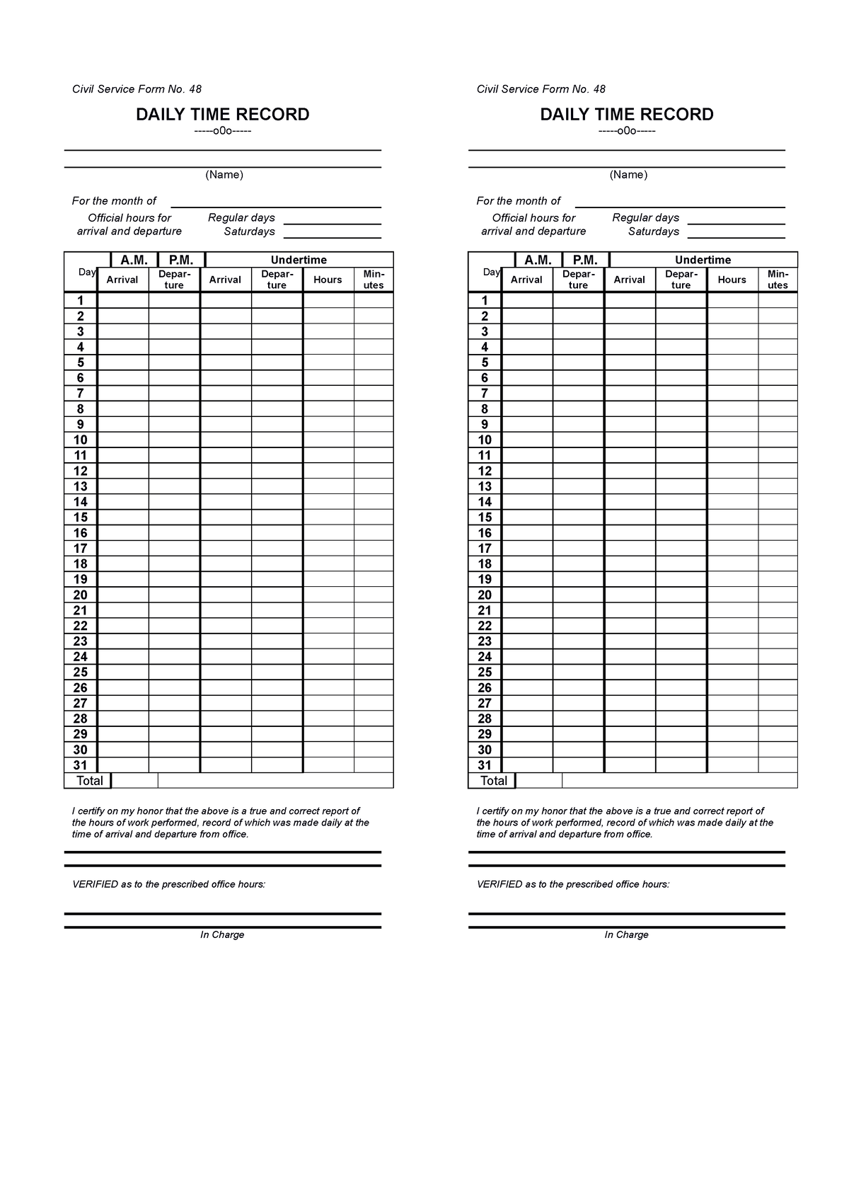 Appendix 24 Daily Time Record DTR 1 - Civil Service Form No. 48 DAILY ...