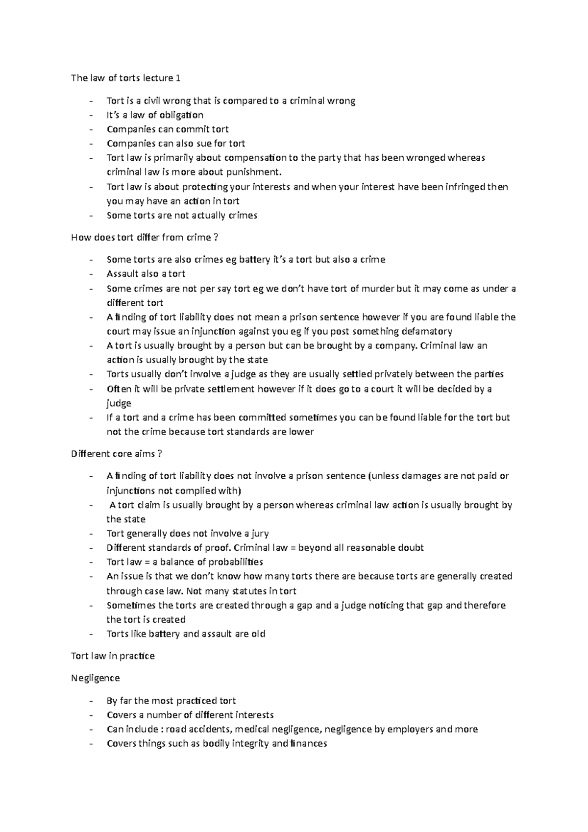 Law of torts lecture 1 - tort - The law of torts lecture 1 Tort is a ...