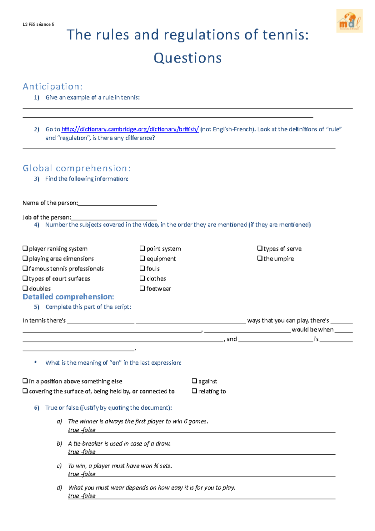 1 The rules and regulations of tennis questions1 L2 FSS séance 5 The rules and regulations