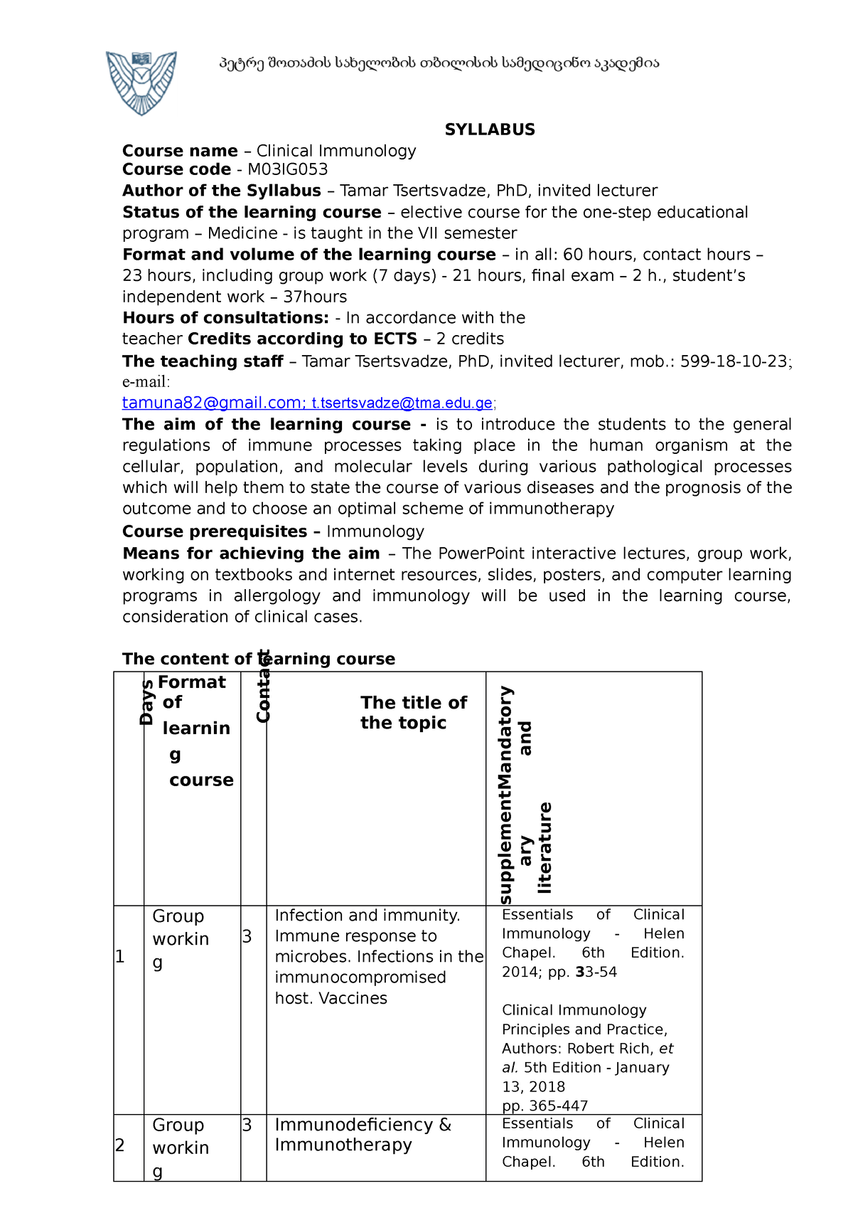 Clinical Immunology - Very Informative - SYLLABUS Course Name ...