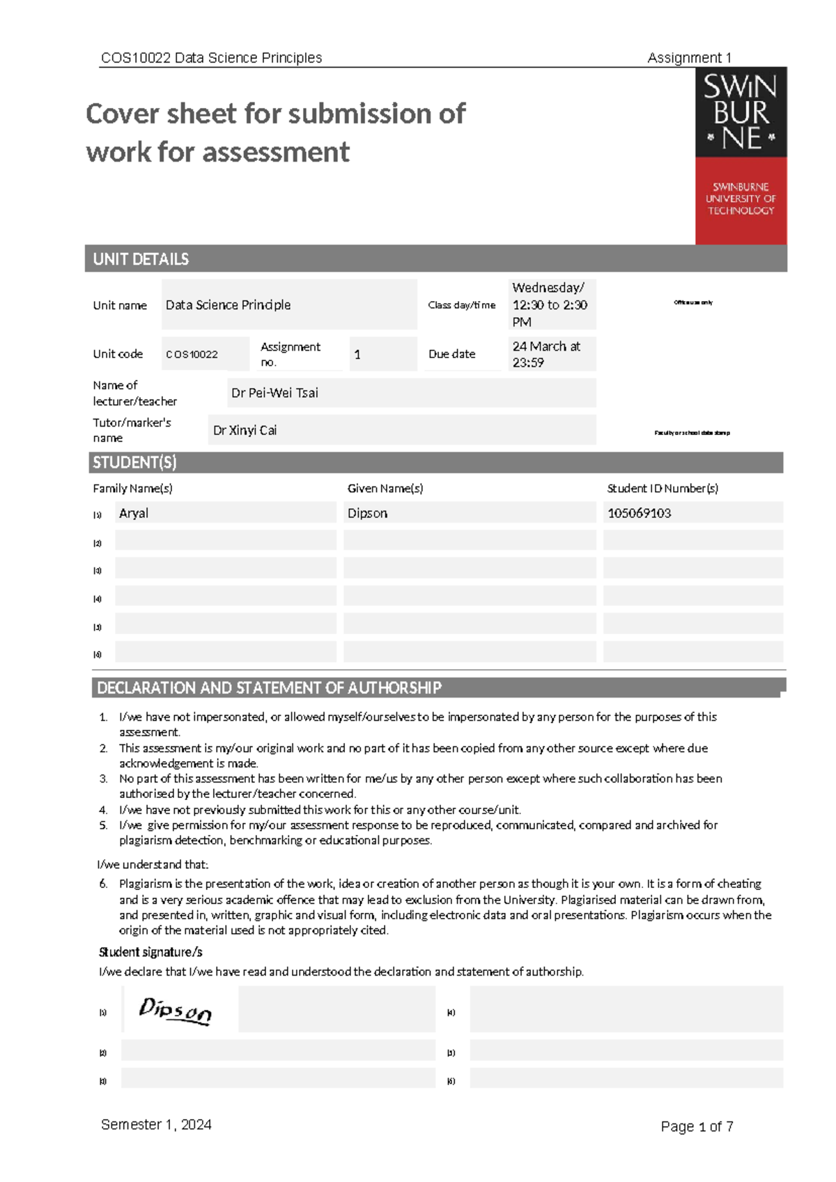 Assignment 1 - Cover sheet for submission of work for assessment UNIT ...