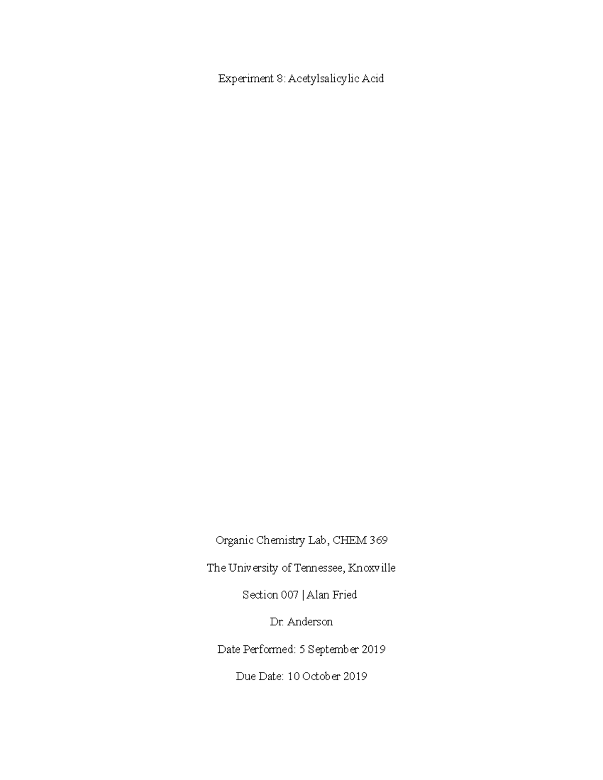 Chemistry 369 Experiment 8 Formal Lab Report Experiment 8