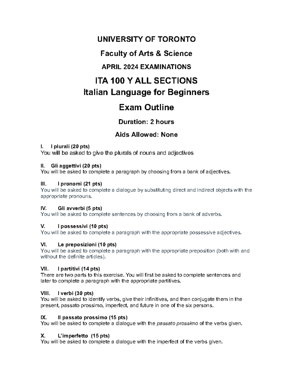 ITA100Y Exam Outline - UNIVERSITY OF TORONTO Faculty of Arts & Science ...