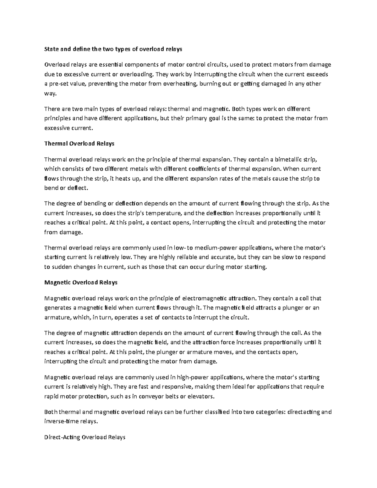 Industrial motor control 1 State and define the two types of overload