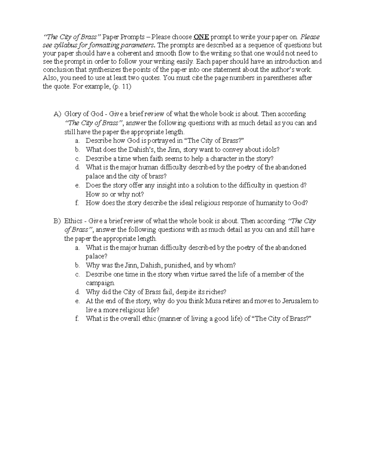 City of Brass Paper Prompts - Please see syllabus for formatting ...