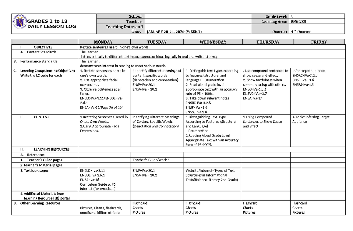 Grade 5 DLL English 5 Q4 Week 1 - GRADES 1 to 12 DAILY LESSON LOG ...