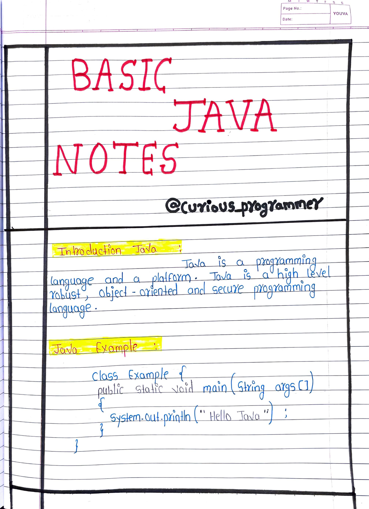 Java Basics Handwritten Language For Computer M I F Page No W T F 