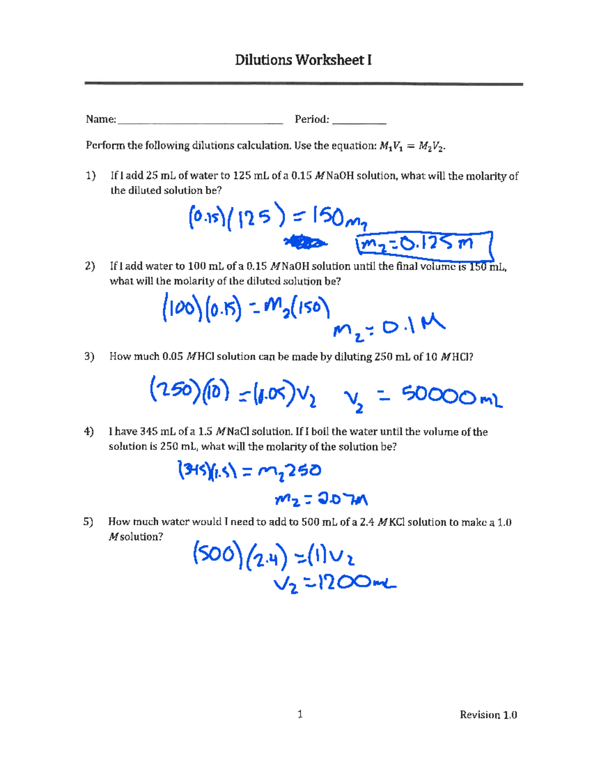 Dilutions Worksheet - N/A - Dilutions Worksheet I Name: Period: Perform ...