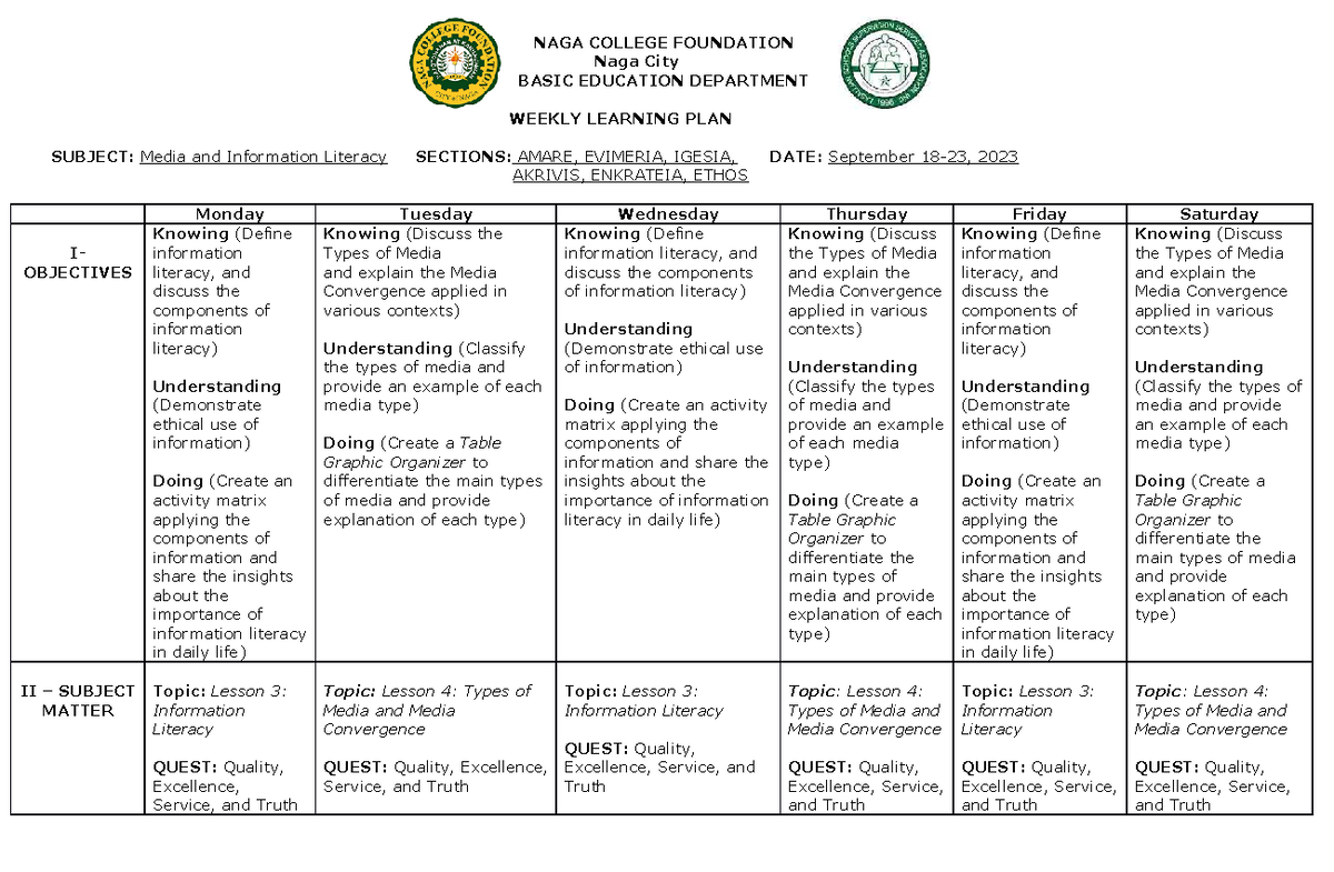 Weekly Learning PLAN Format - Copy - NAGA COLLEGE FOUNDATION Naga City ...