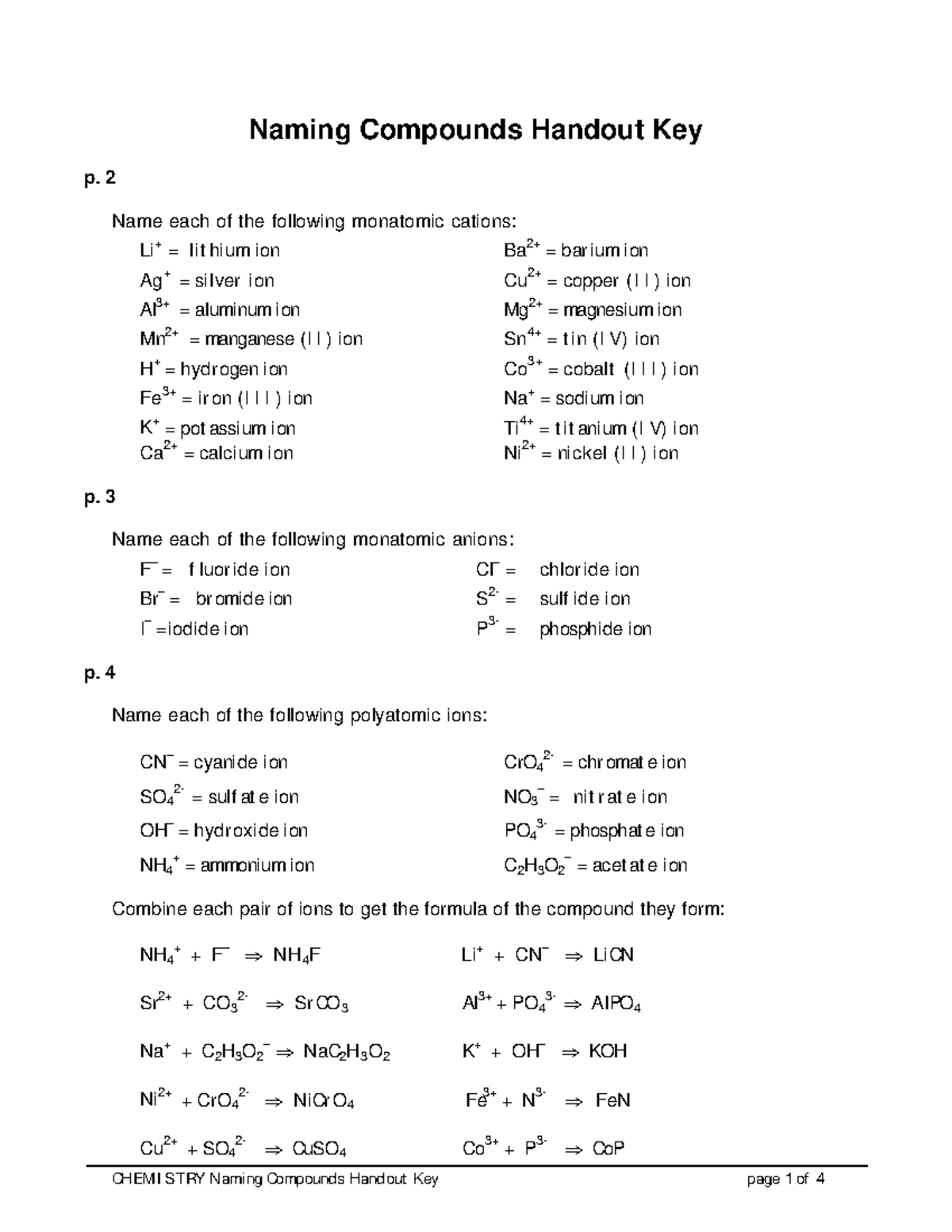 Naming Compounds Worksheet - Naming Compounds Handout Key p. 2 Name ...