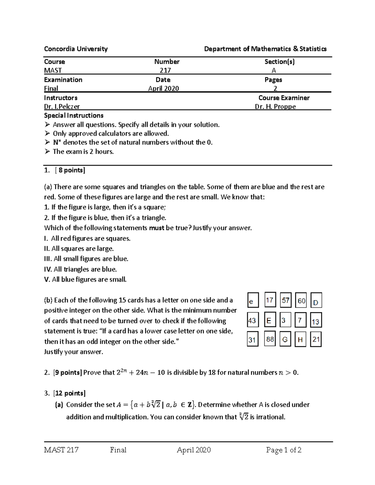 Final Mast217 W2020 - MAST 217 Final April 2020 Page 1 of 2 Concordia ...