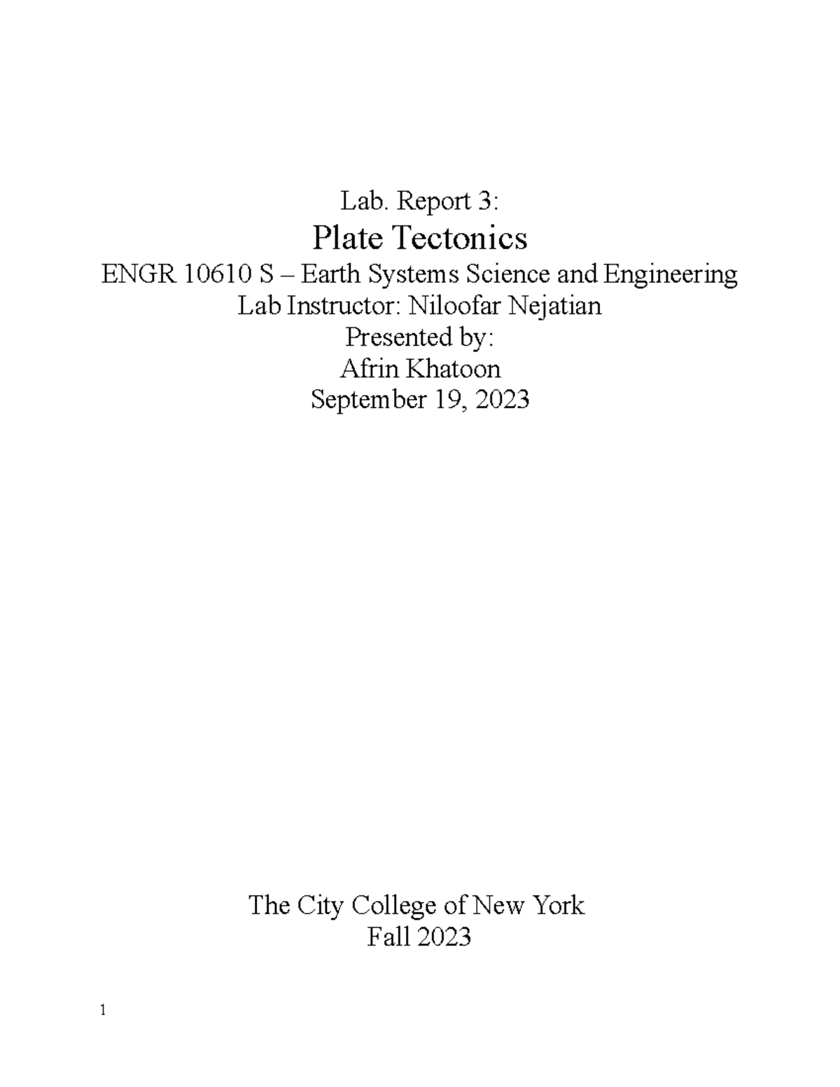 Lab 3 Plate Tectonics ENGR 10600 Lab. Report 3 Plate Tectonics