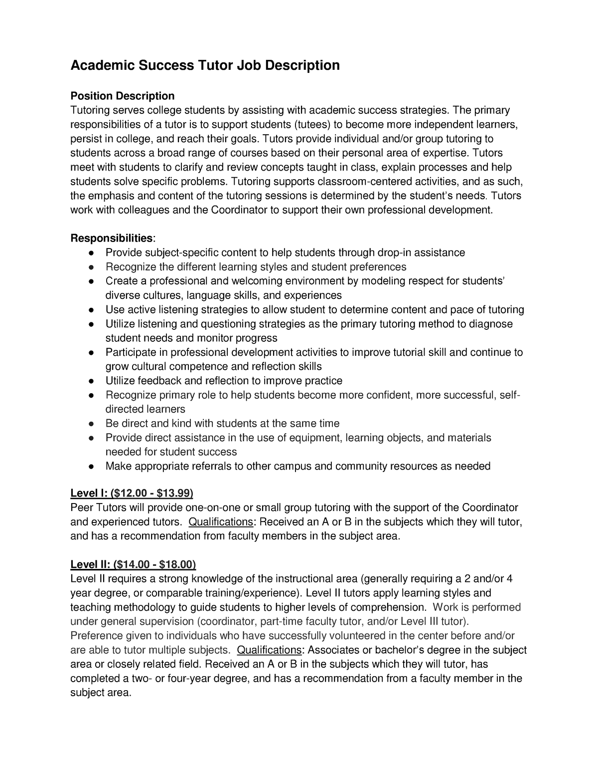 homework tutor job description