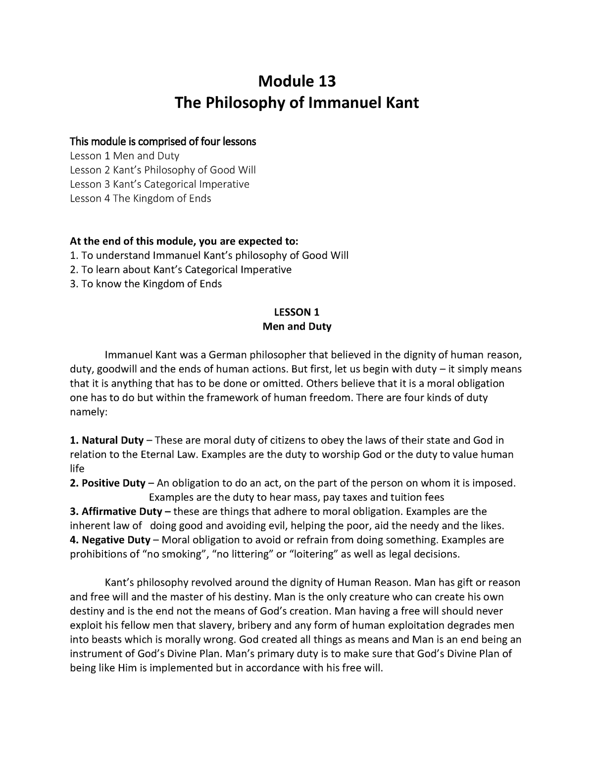 Module 13 Module 13 The Philosophy Of Immanuel Kant This Module Is Comprised Of Four Lessons Studocu