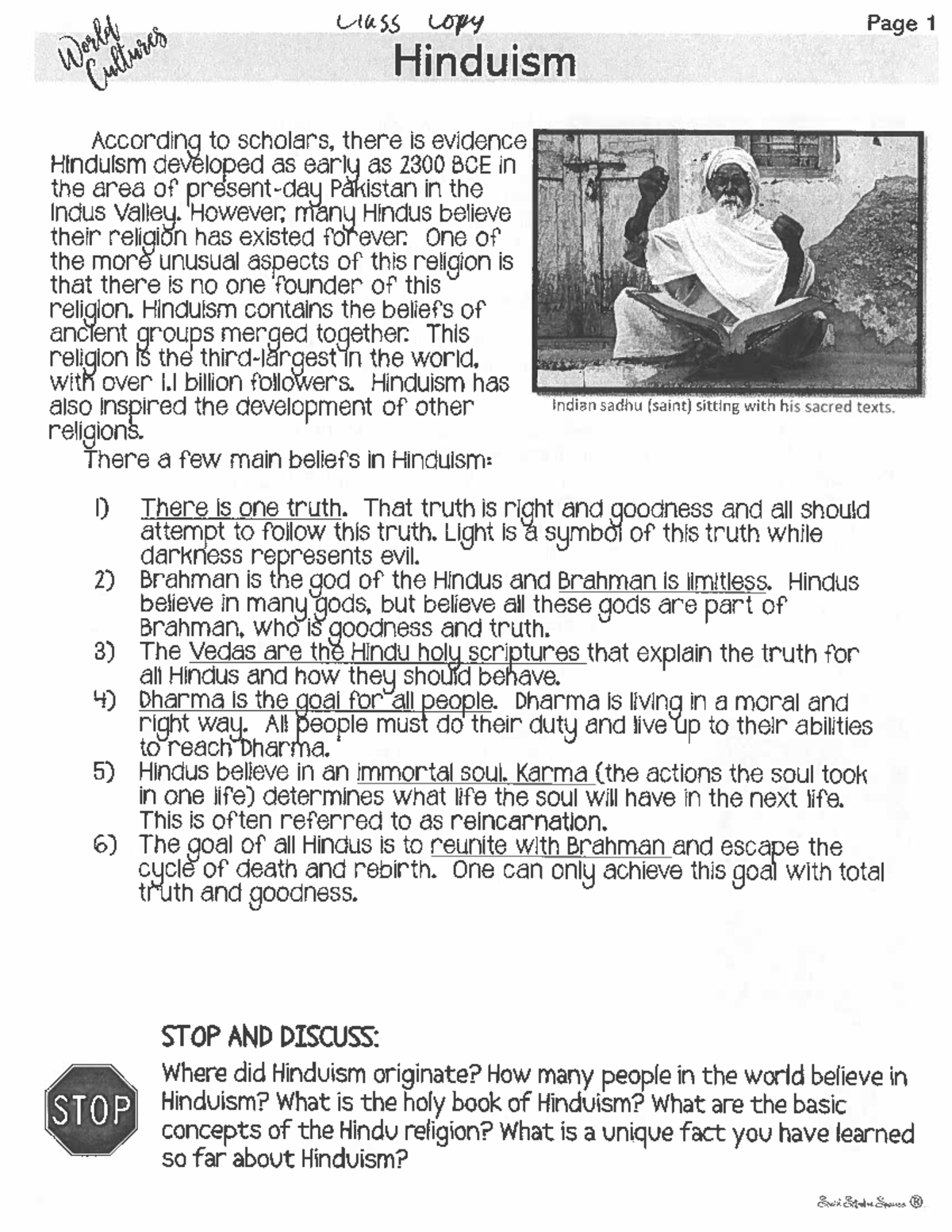 Religion - 45y5t3r5y6 - class copy Page 1 Hinduism According to ...