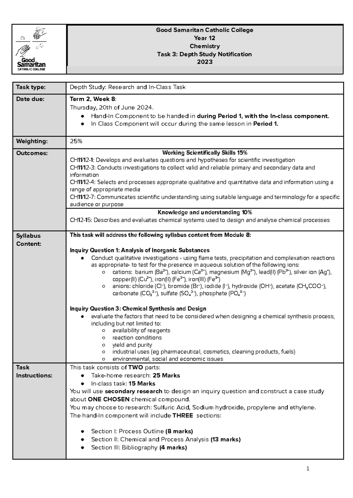 2024 Chemistry Task 3 Depth Study - Good Samaritan Catholic College ...