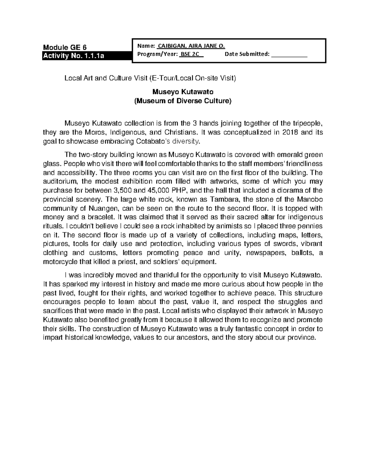 Caibigan GE 6 Activity No. 1 - Module GE 6 Activity No. 1.1 Local Art ...