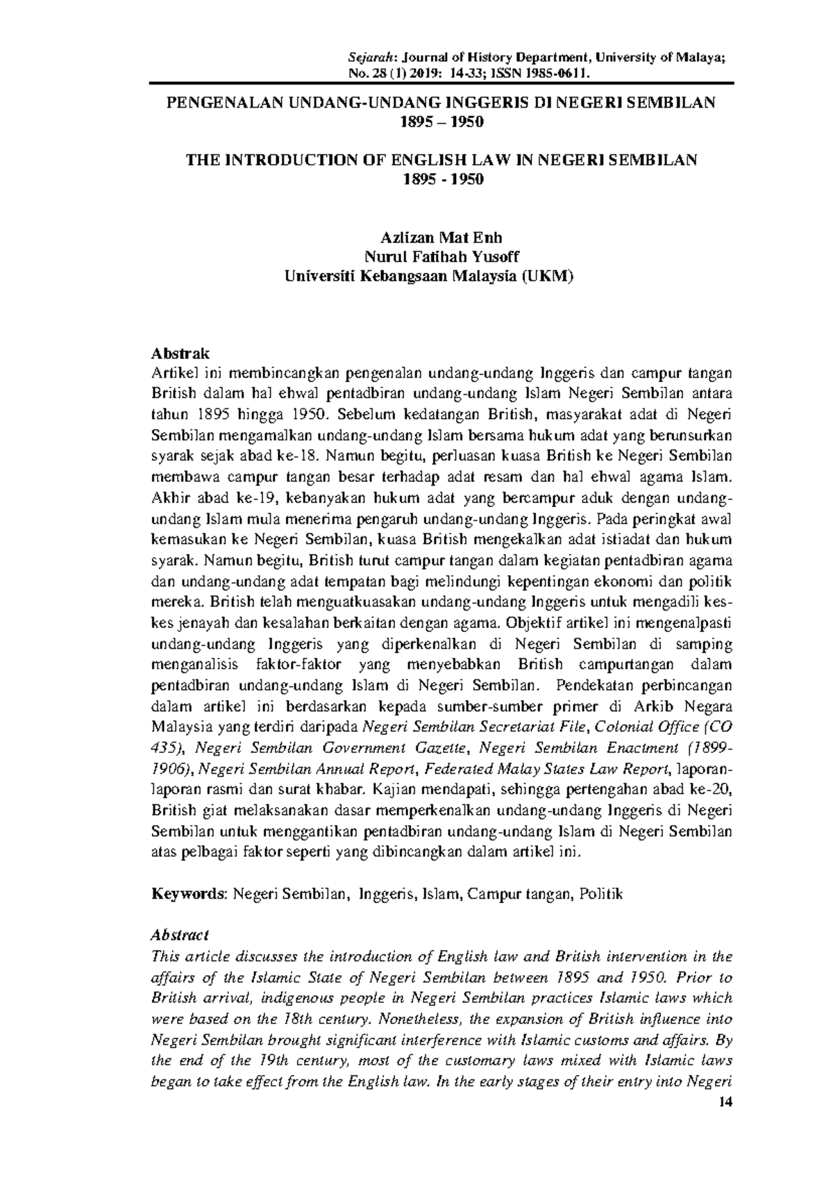 44946 - Grade: A - No. 28 (1) 2019: 14- 33 ; ISSN 1985-0611 