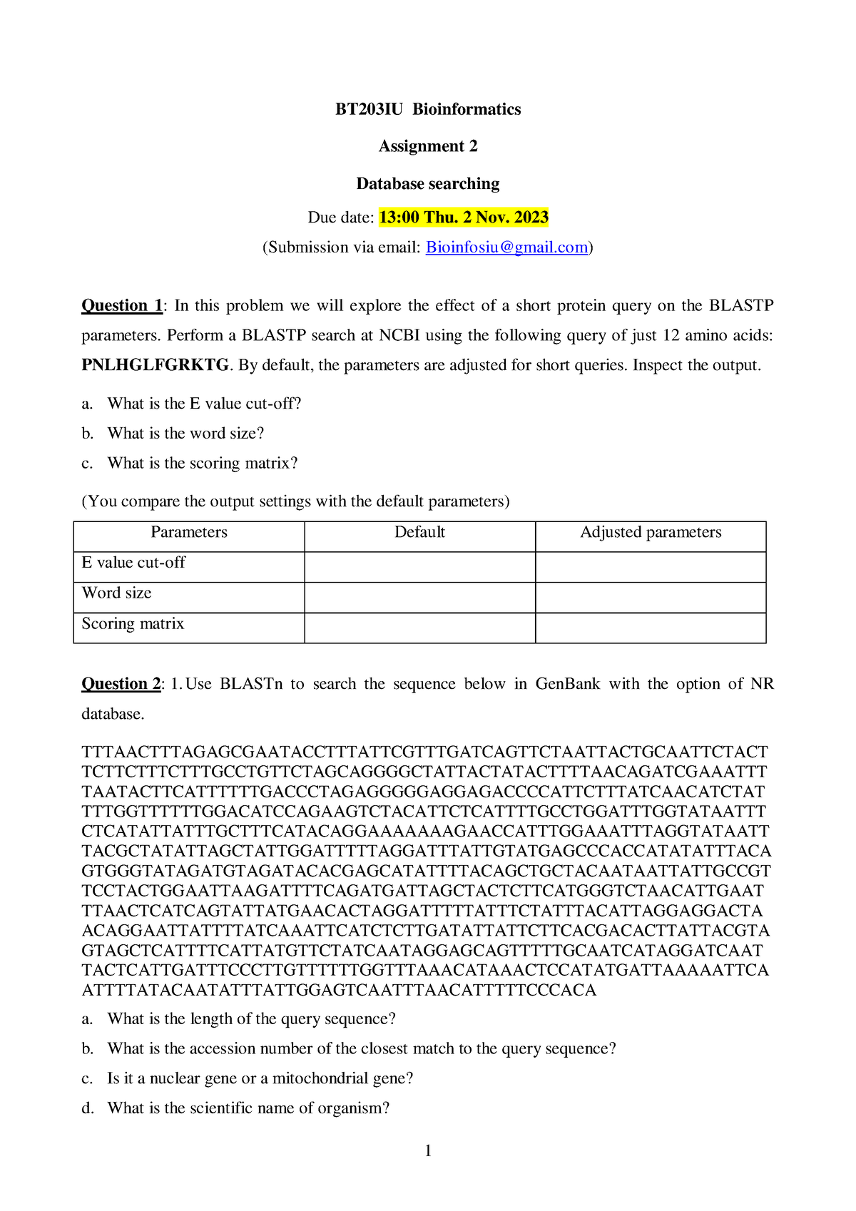 bioinformatics assignment questions