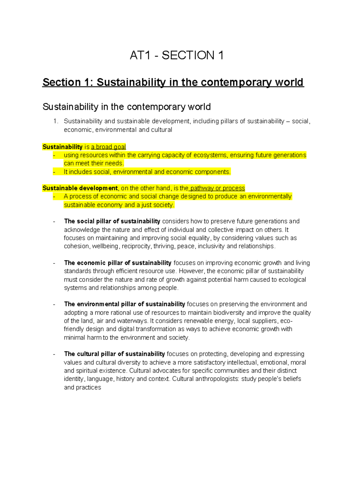 GEO AT1 - Notes - AT1 - SECTION 1 Section 1: Sustainability in the ...