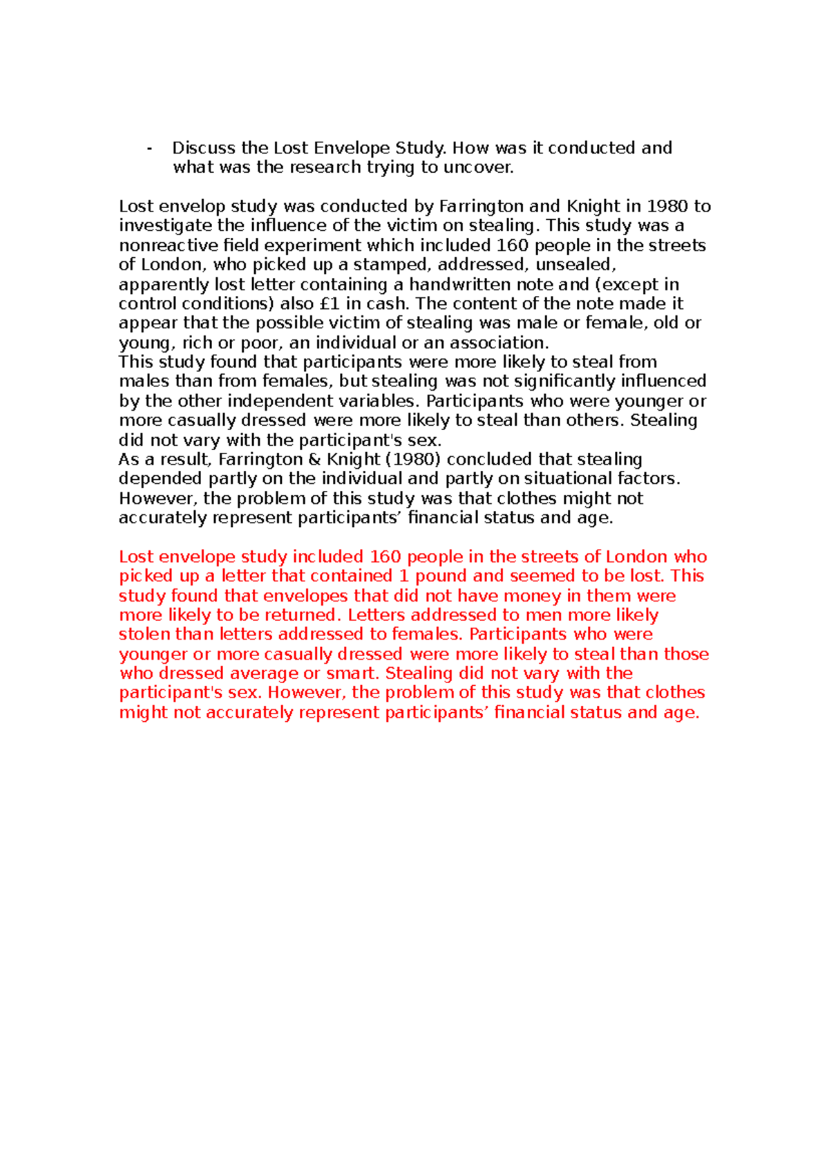 Exam question 2- Discuss the Lost Envelope Study - 1010CCJ - Griffith ...
