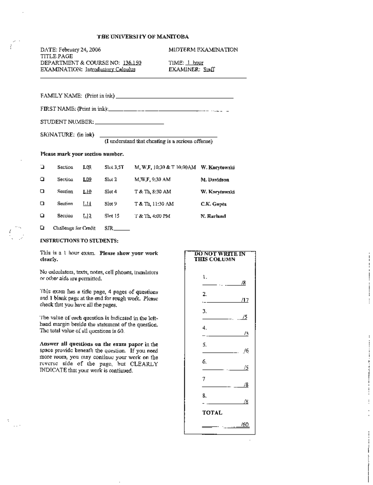 Exam 2006, questions - mid-term, winter - MATH 1500 - Studocu