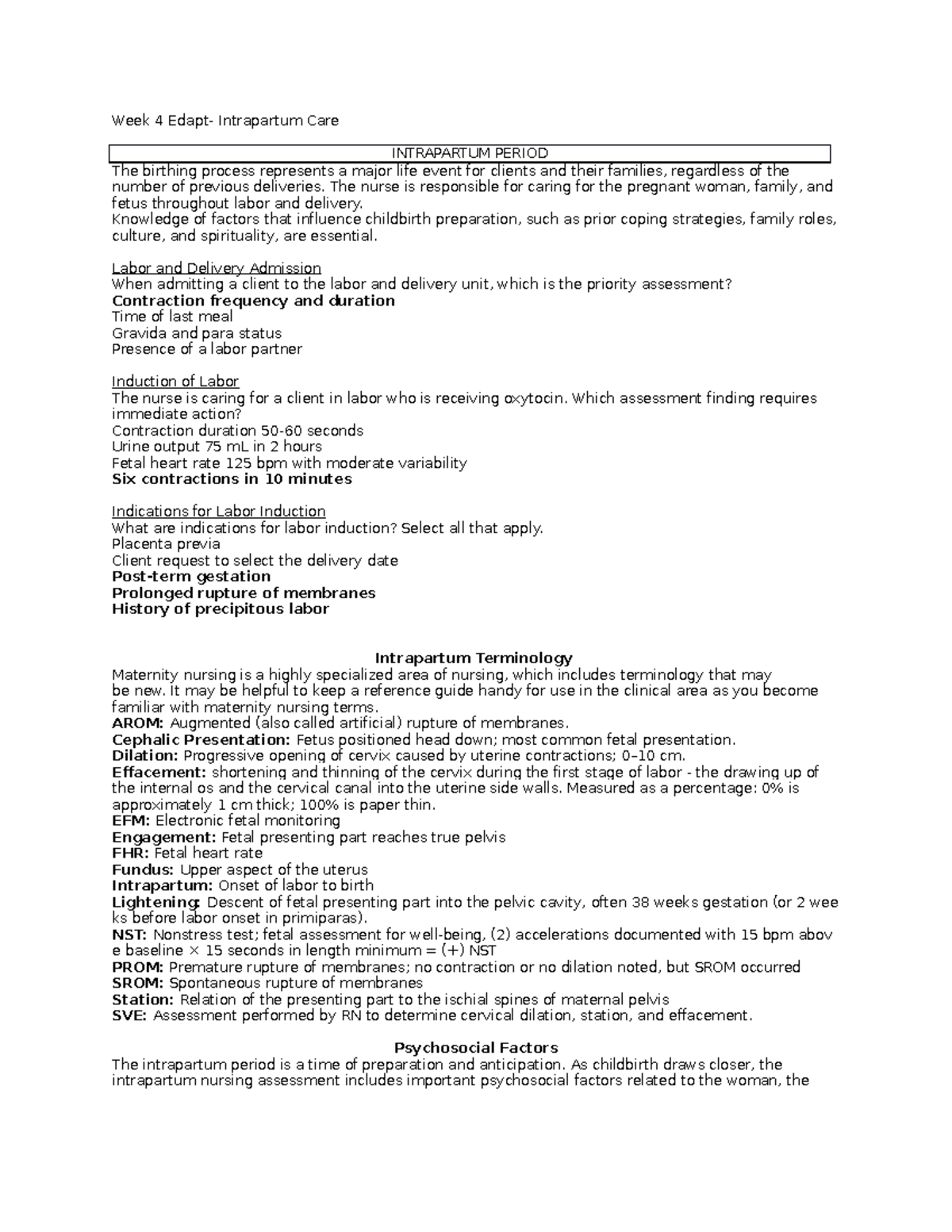 Week 4 Edapt Nursing CARE Intrapartum - Week 4 Edapt- Intrapartum Care ...