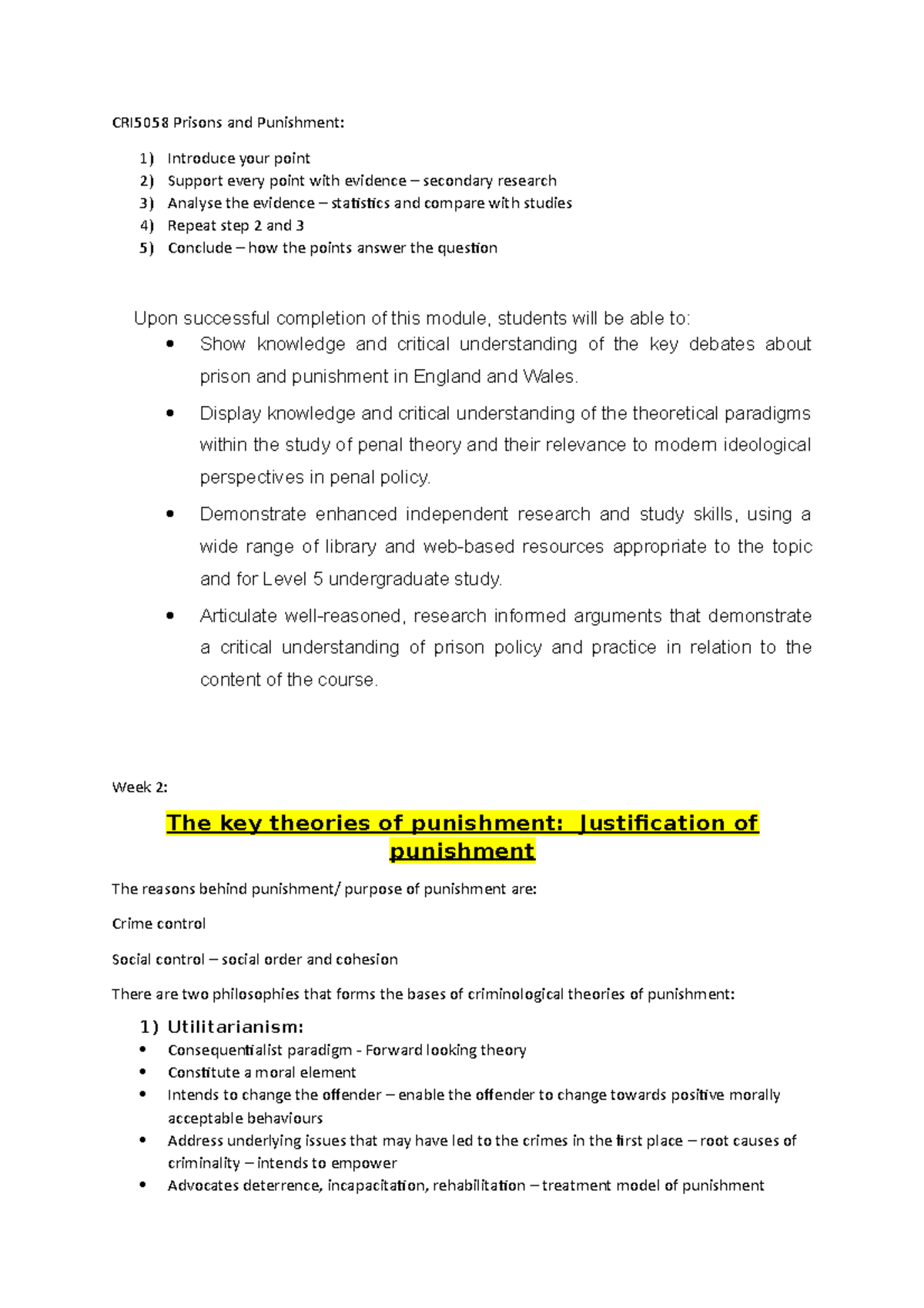 Prisons 1 - notes - CRI5058 Prisons and Punishment: Introduce your ...