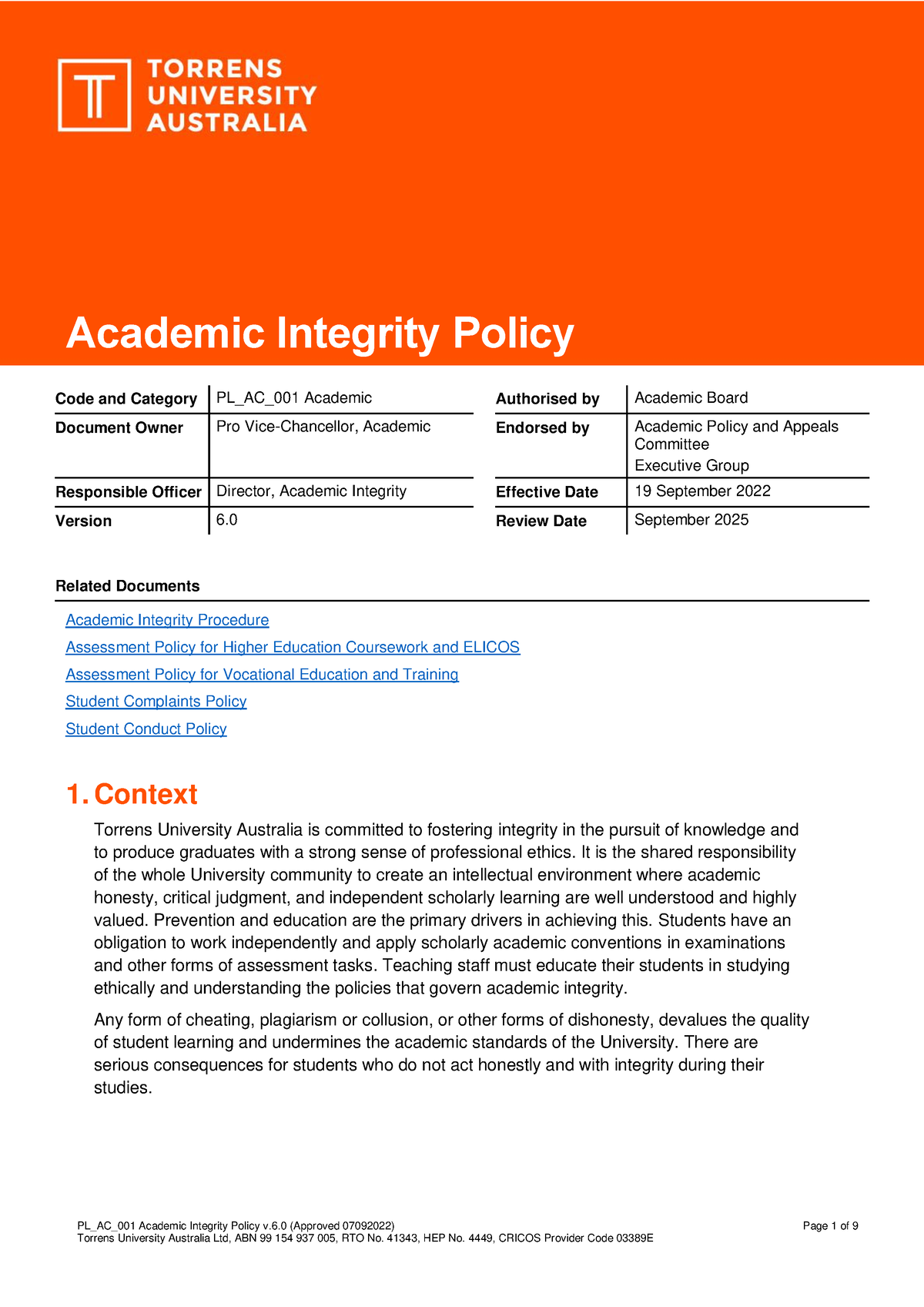 Academic Integrity Policy (TUA PL AC 001) - PL_AC_001 Academic ...