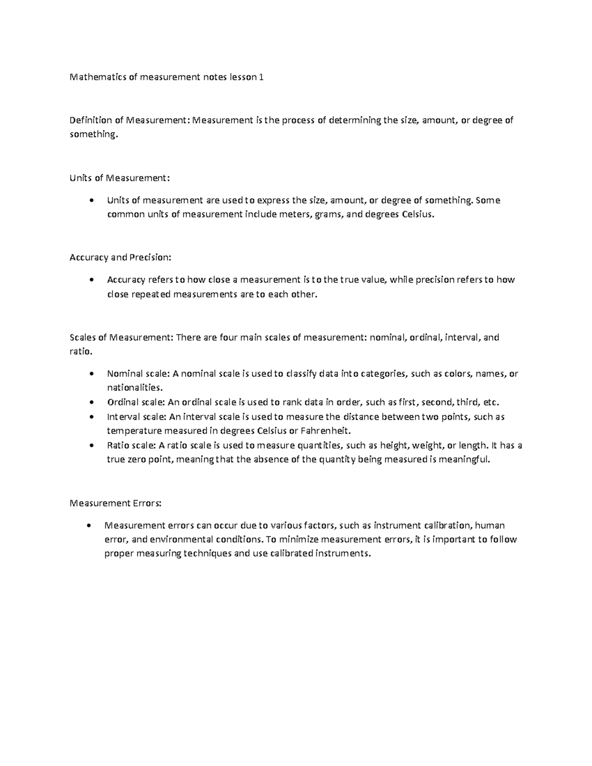 Mathematics of measurement notes lesson 1 - Units of Measurement: Units ...