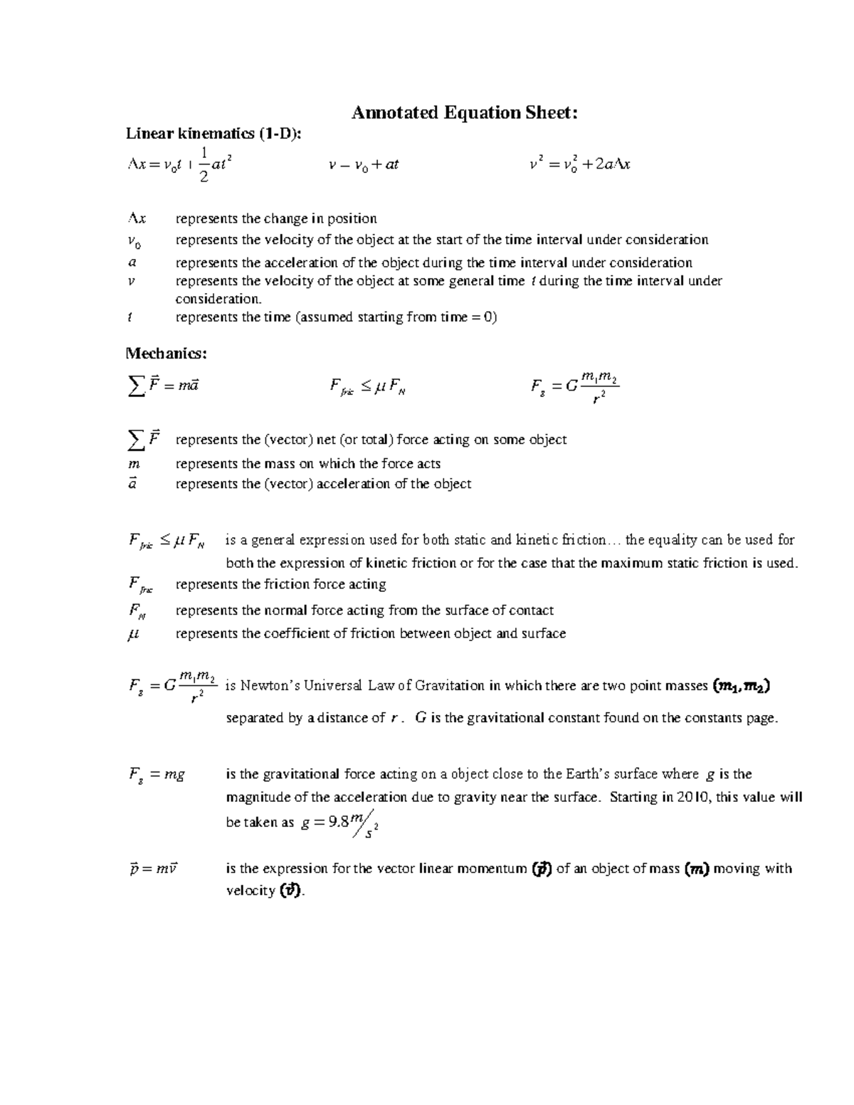 Physics Bowl Eqt Sheet Annotated - Annotated Equation Sheet: Linear ...