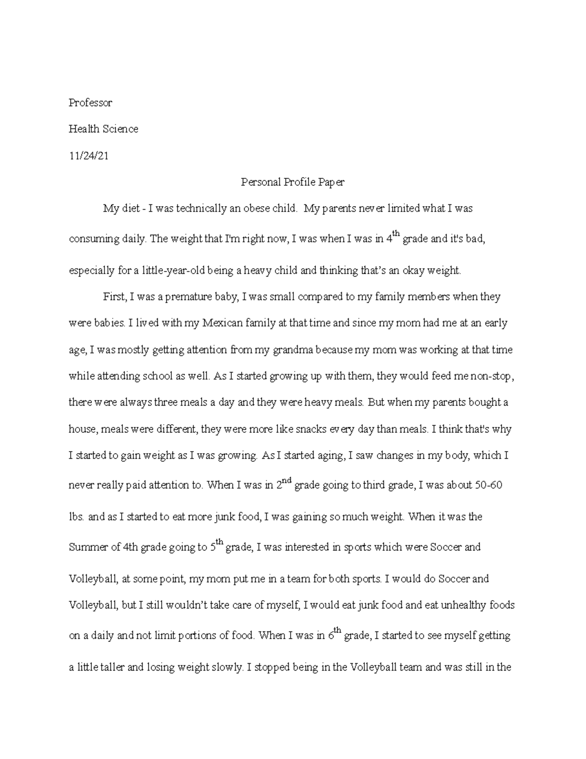 Health Science Paper - Professor Health Science 11/24/ Personal Profile ...
