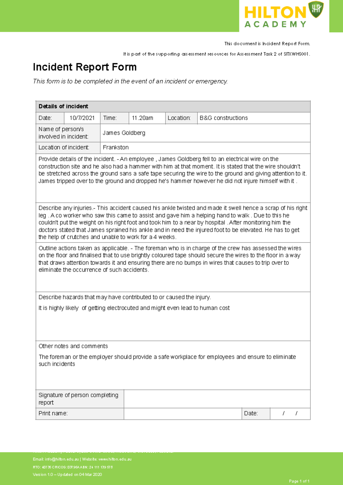 Incident Report Form Template [Vedinadir. 1] 2 - Page 1 of 1 This ...