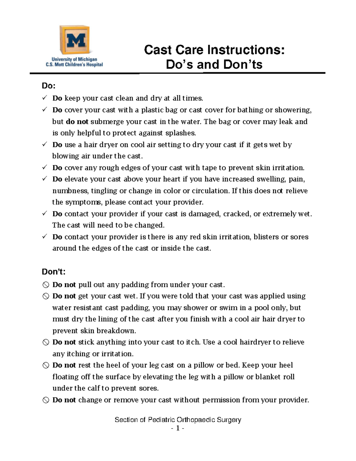 Cast Care Instructions Section of Pediatric Orthopaedic Surgery 1