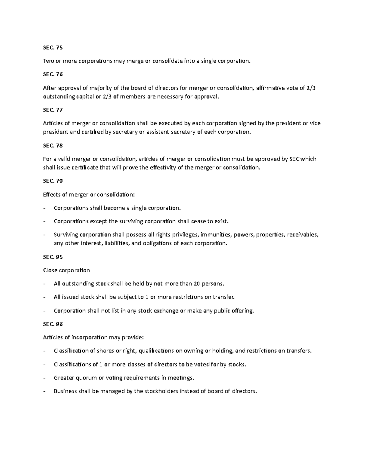 Article Notes Chap 3 - SEC. 75 Two or more corporations may merge or ...