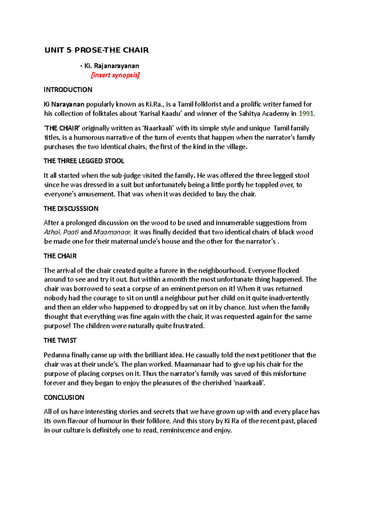 Document UNIT 5 PROSETHE CHAIR Ki. Rajanarayanan [insert synopsis