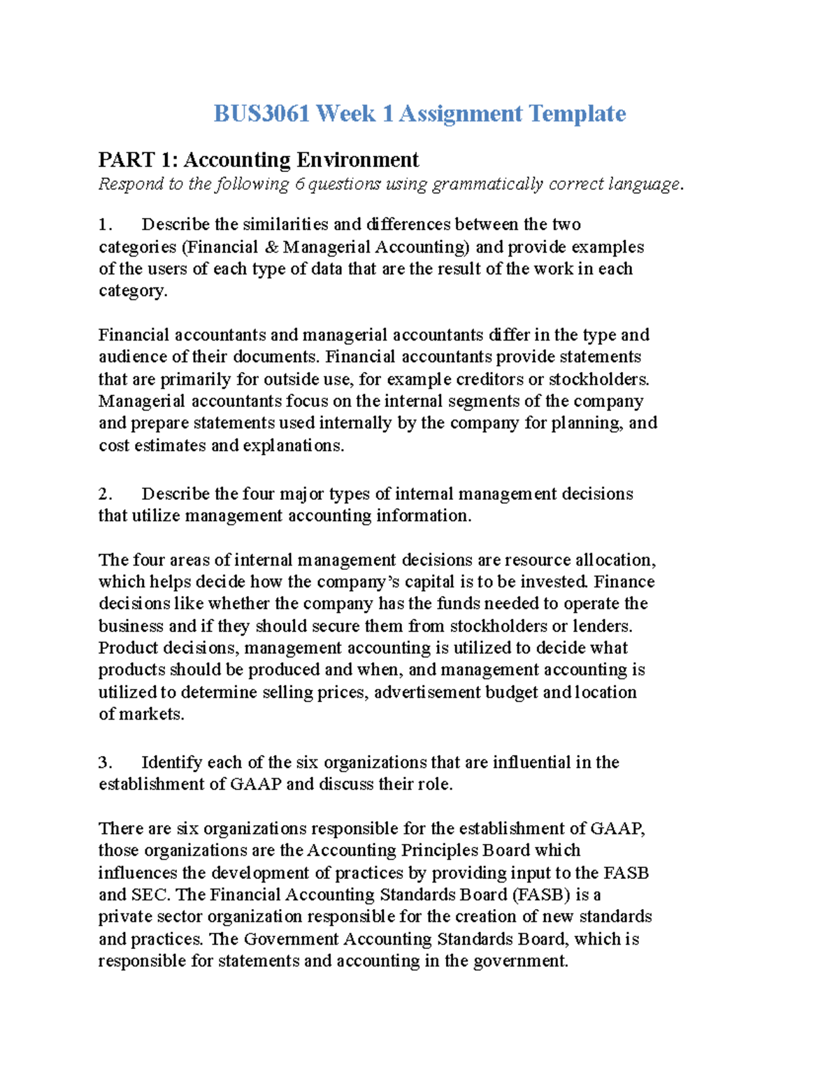Accounting Assignment 1 - BUS3061 Week 1 Assignment Template PART 1 ...