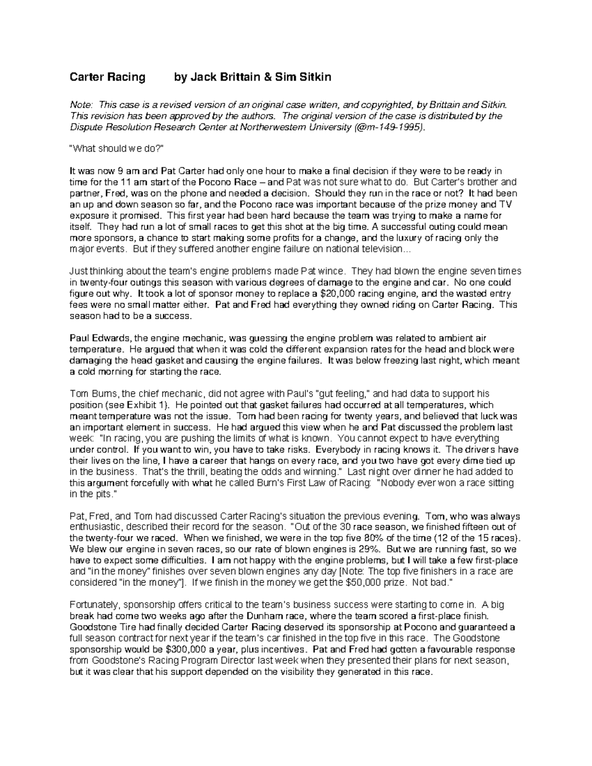 Carter racing theory - Carter Racing by Jack Brittain & Sim Sitkin Note ...