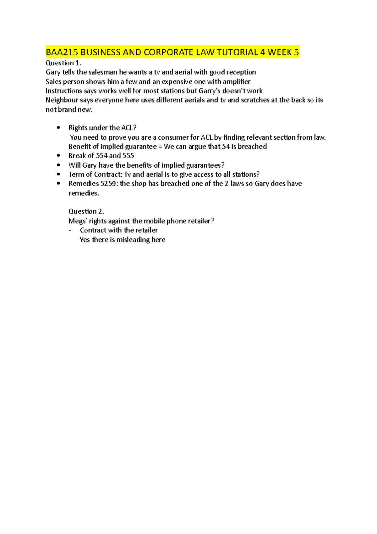 BAA215 Business AND Corporate LAW Tutorial 4 WEEK 5 - BAA215 BUSINESS ...